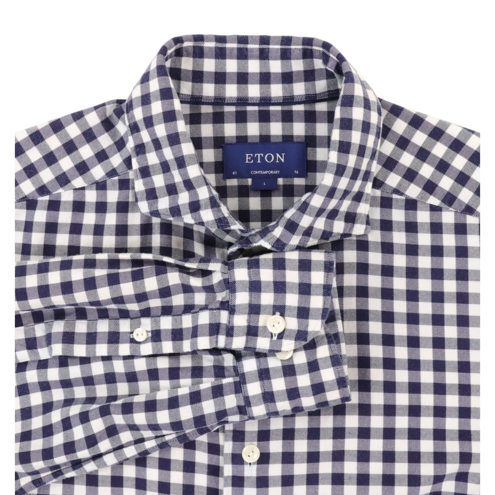Eton Dress Shirt Mens Size 16 Blue Gingham Contemporary Flannel Long Sleeve